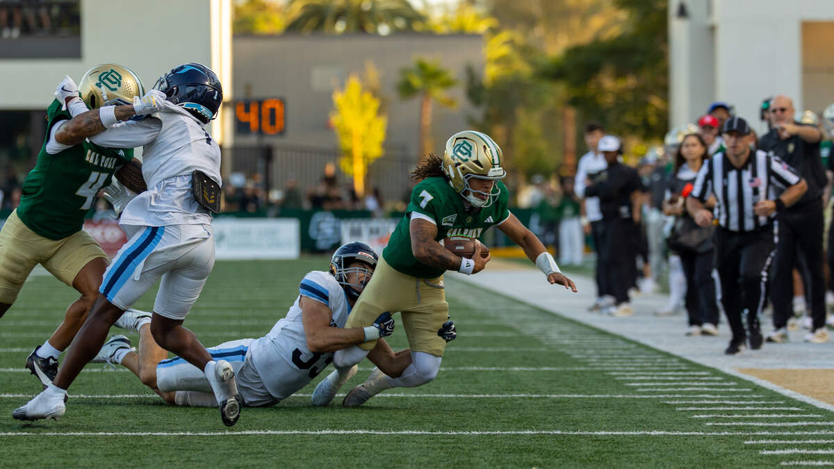 Cal Poly wide quarterback Anthony Grigsby Jr. is tackled just short of the end zone at Mustang Memorial Field on Sept. 19, 2026. The Mustangs lost to the Toreros 38-35 on Homecoming night on a last-minute field goal.